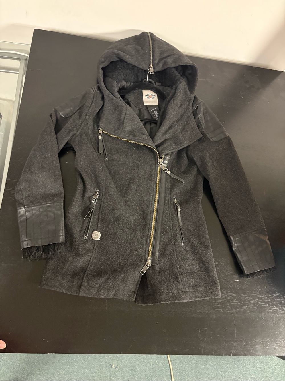 Harley-Davidson Black Hooded Asymmetric Pea Coat for Kids